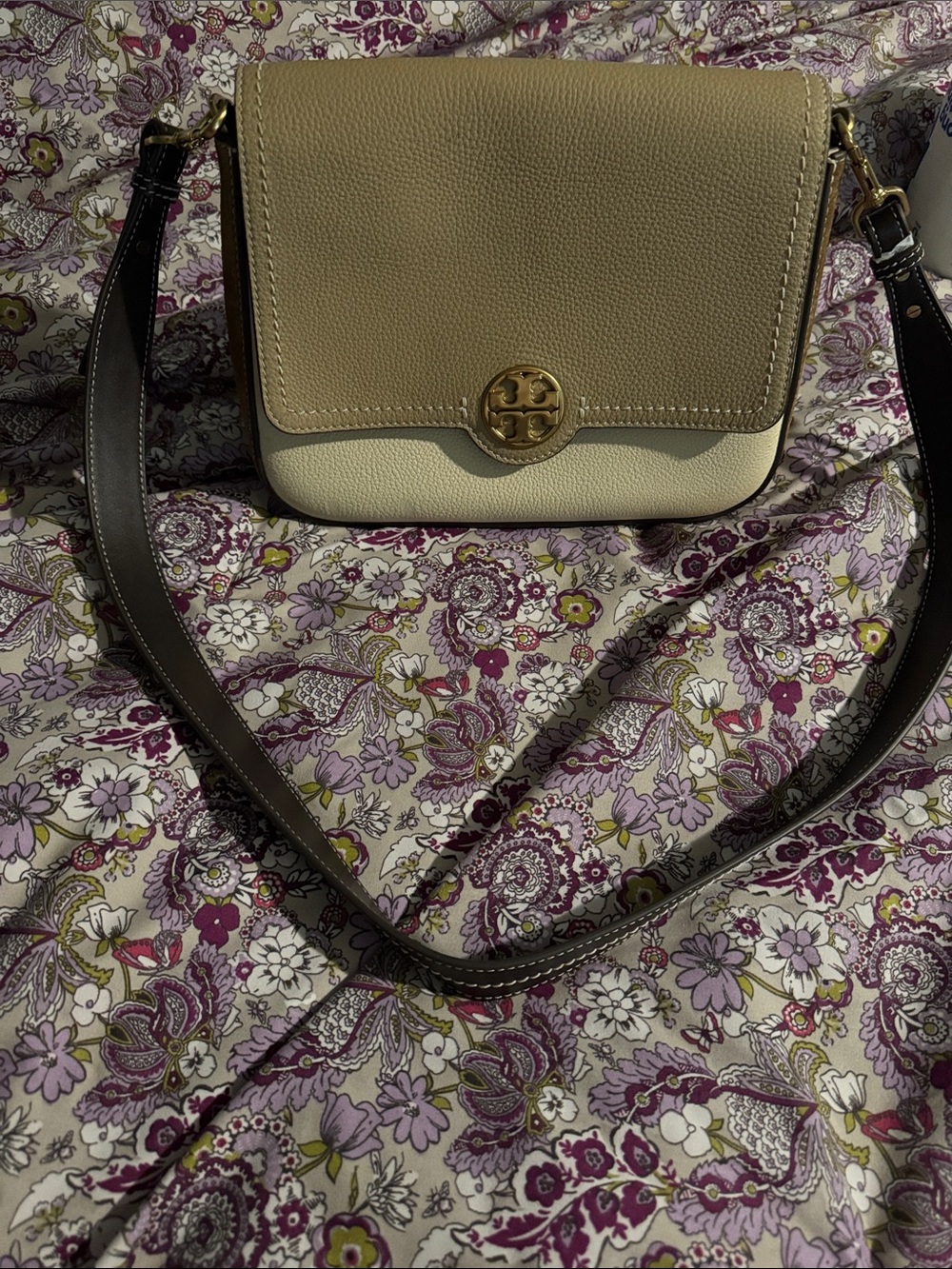 Tory Burch Two-Tone Leather Crossbody in Tan, Cream and Dark Brown Strap
